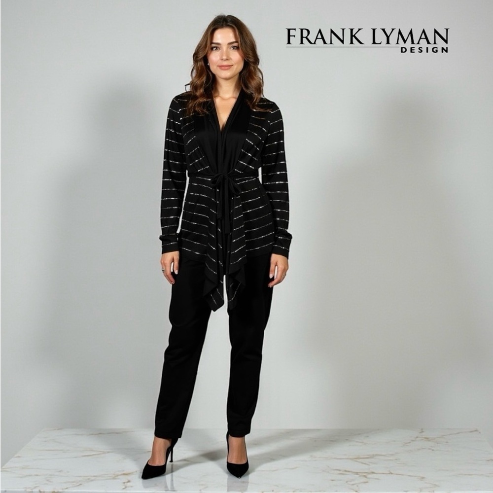 Frank Lyman Design, Black Draped Cardigan with Metallic Stripes, Size 14
